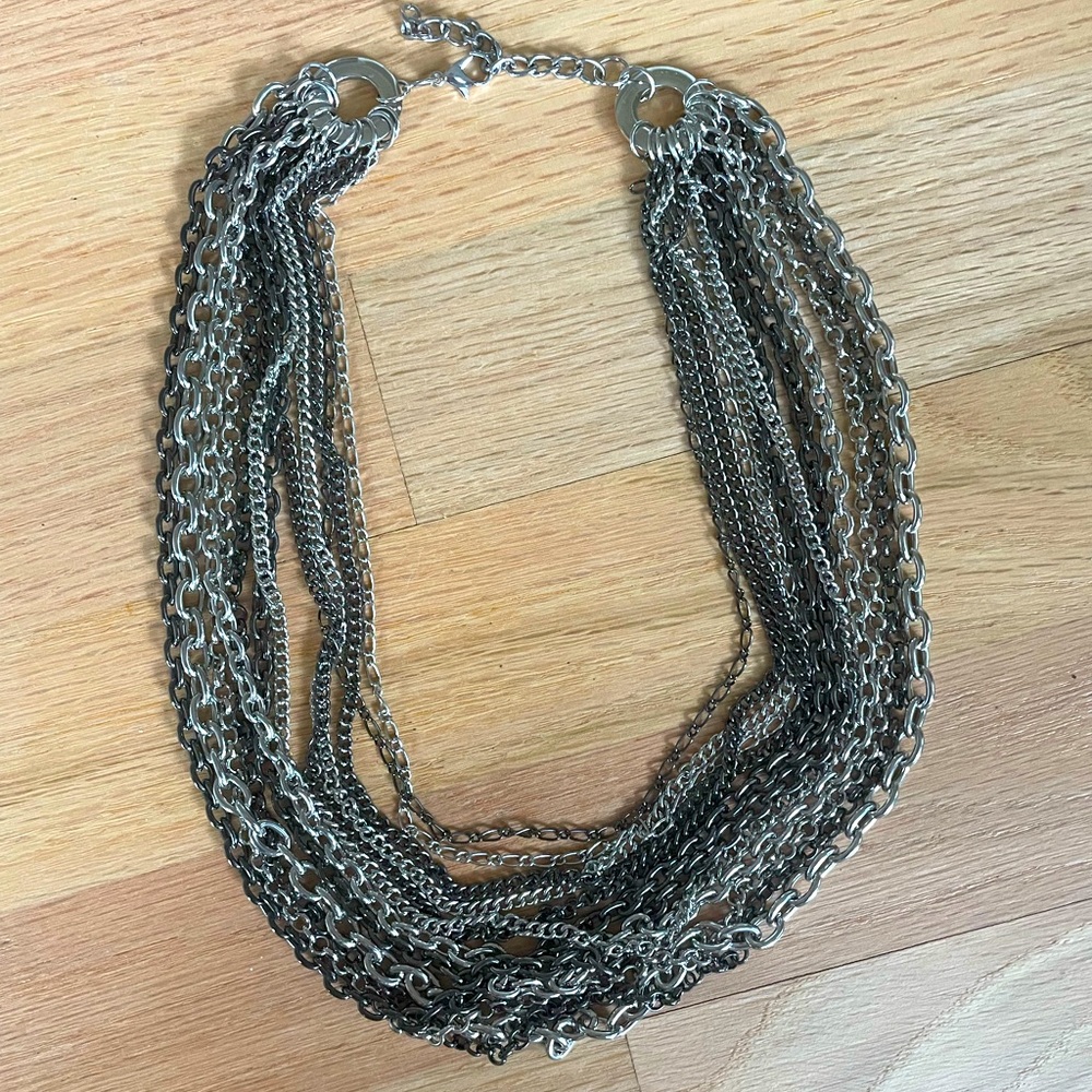 Black and gray multi chain statement necklace with adjustable clasp